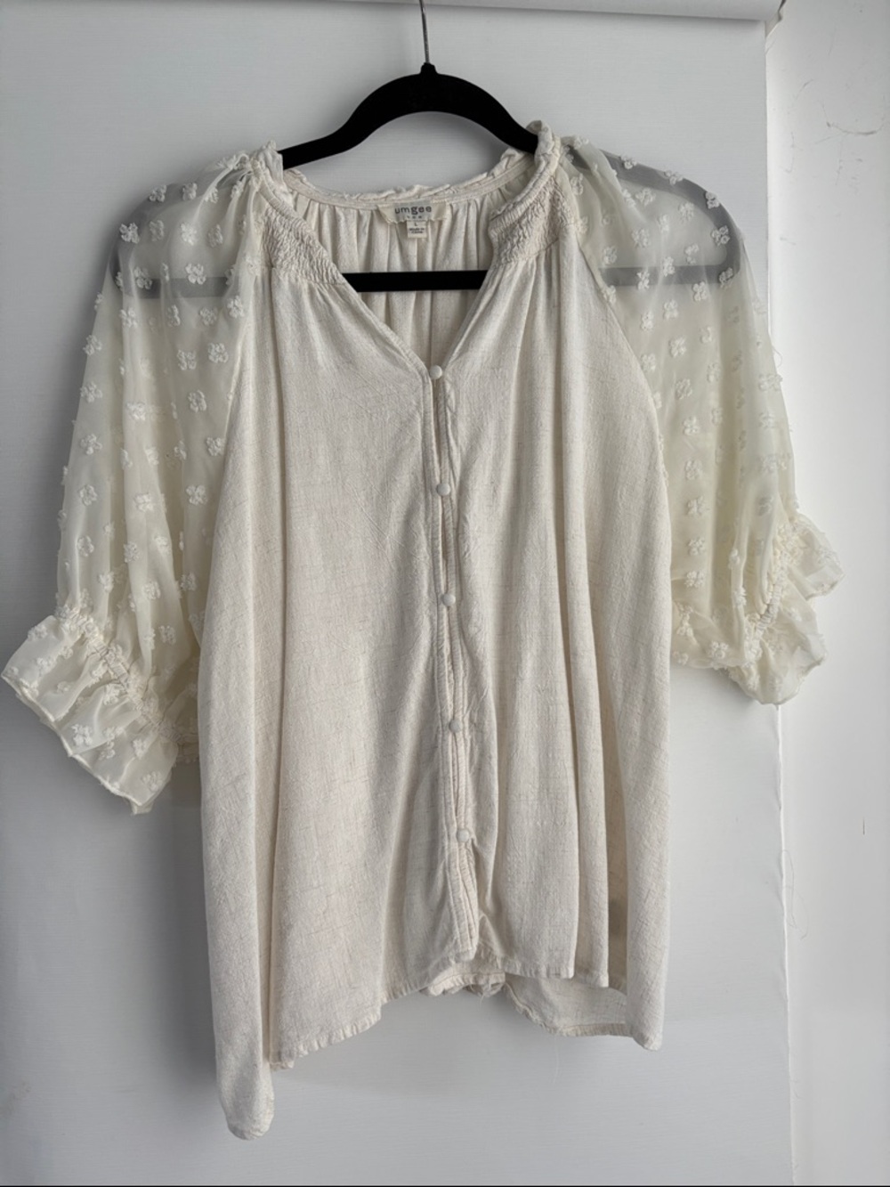 Umgee Cream Button-Front Blouse with Sheer Embroidered Sleeves